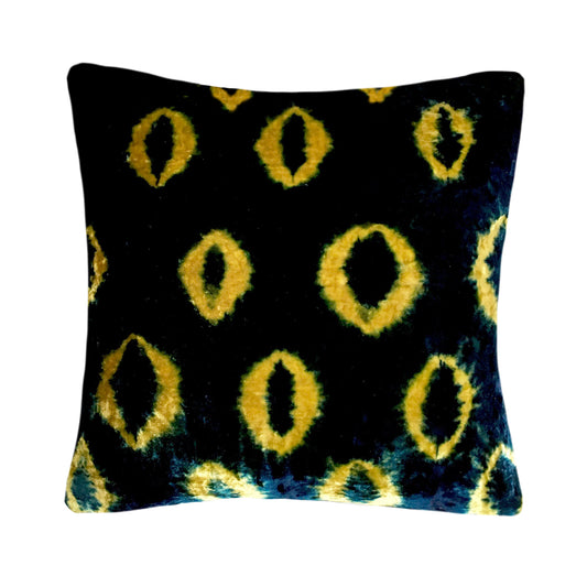 Hand Dyed Silk Velvet Pillow, Gold & Indigo Ikat Abstract Pattern