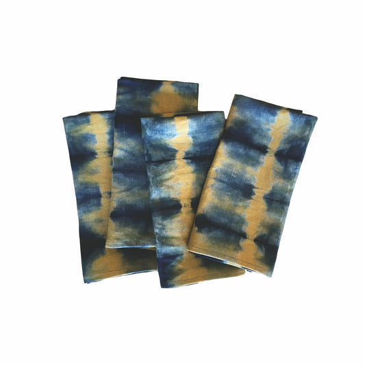 Hand Dyed Linen Napkins, Gold & Indigo Abstract Pattern, Set of Four