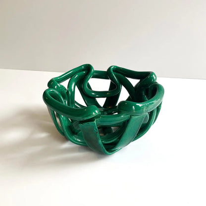 Postmodern Green Woven Abstract Ceramic Bowl