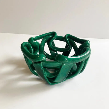 Postmodern Green Woven Abstract Ceramic Bowl