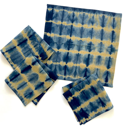 Gold mustard linen napkins, set of four, dyed with indigo in Pleat pattern. Sustainably hand-dyed in small batches and sewn in New York City.