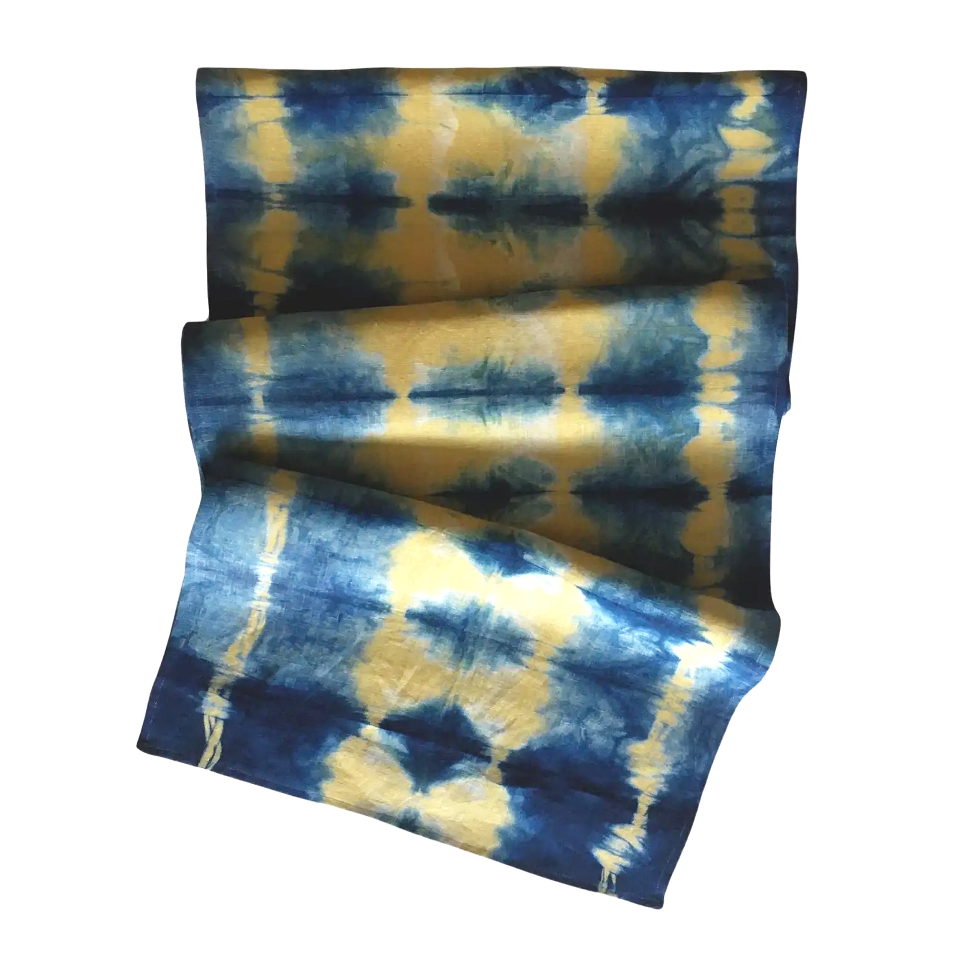 Gold mustard linen table runner dyed with indigo in Pleat pattern. Sustainably hand-dyed in small batches and sewn in New York City.