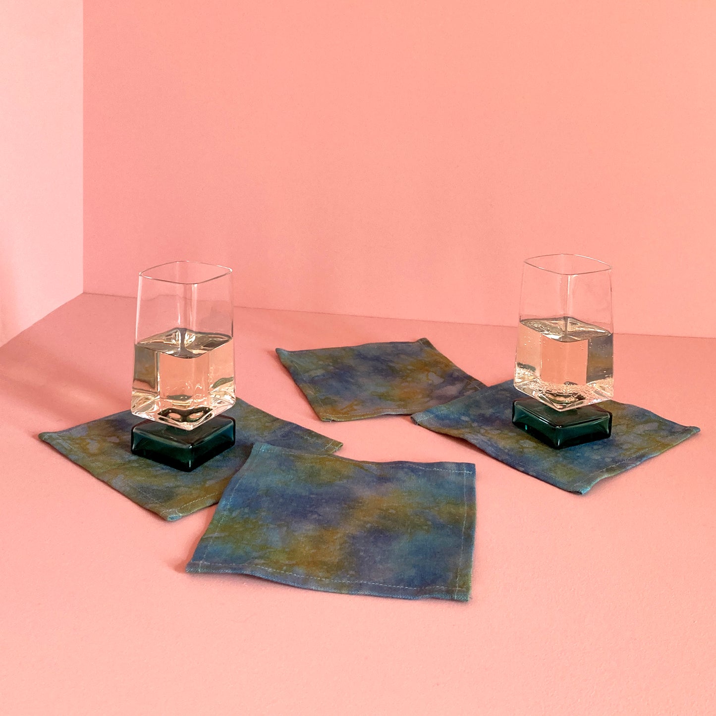 Moonrise green linen cocktail napkins, set of four. Beautifully merging indigo, aqua and gold dyes on linen. Sustainably hand-dyed in small batches and sewn in New York City.