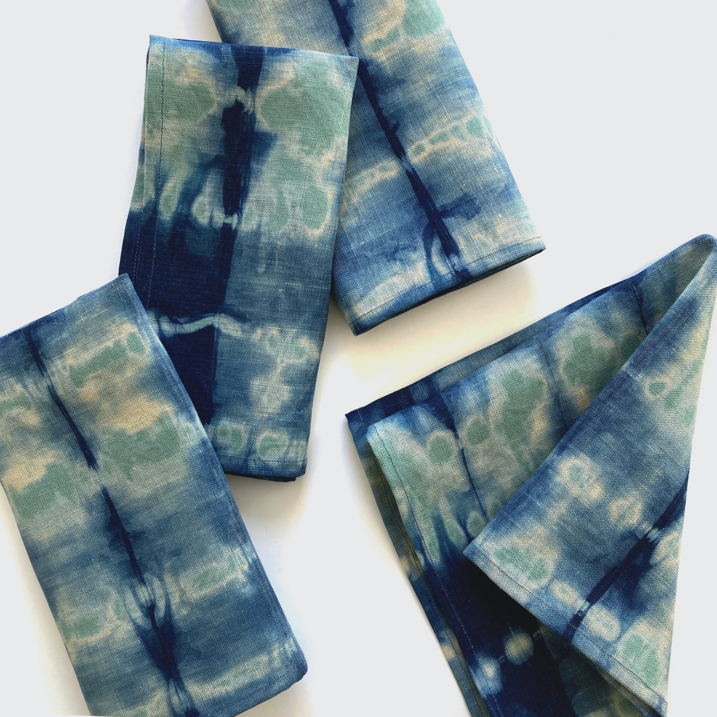 Jade green linen napkins, set of four, dyed with indigo in Pleat pattern. Sustainably hand-dyed in small batches and sewn in New York City.