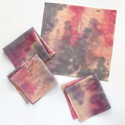 Blush linen napkins, set of four, dyed with pink, orange and lilac in an abstract pattern. Hand-painted and sewn in New York City.