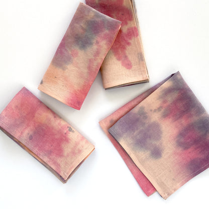 Blush linen napkins, set of four, dyed with pink, orange and lilac in an abstract pattern. Hand-painted and sewn in New York City.