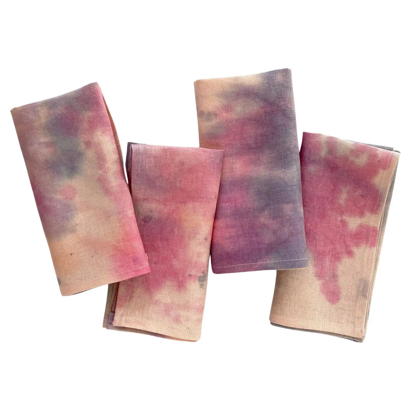 Blush linen napkins, set of four, dyed with pink, orange and lilac in an abstract pattern. Hand-painted and sewn in New York City.