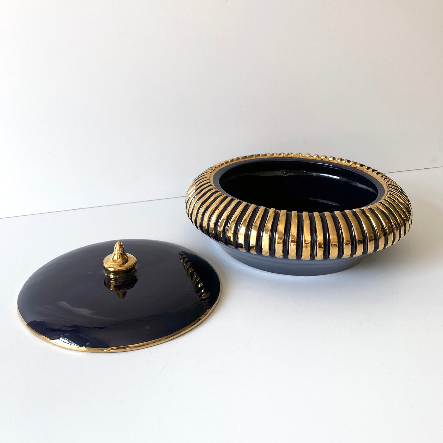 Italian Navy Blue and Gold Lidded Round Box, 1960s