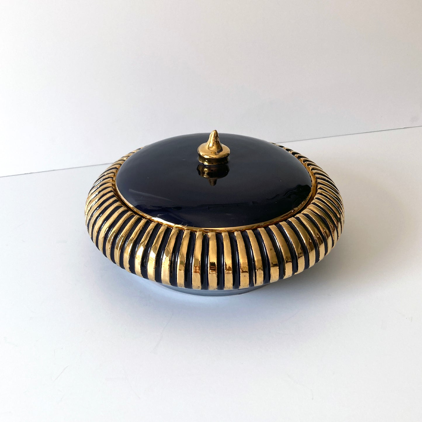 Italian Navy Blue and Gold Lidded Round Box, 1960s