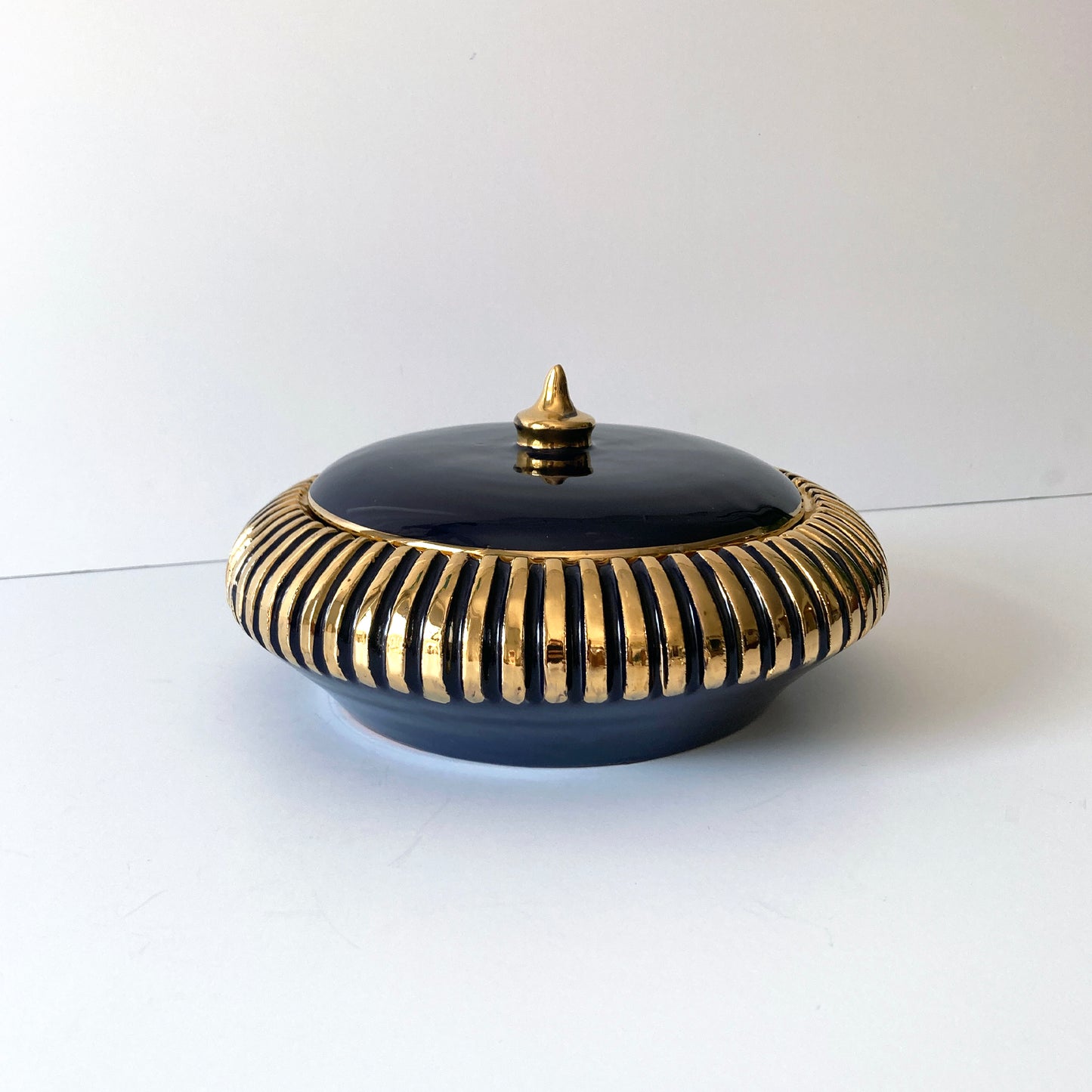 Italian Navy Blue and Gold Lidded Round Box, 1960s