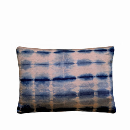 Rose pink silk pillow dyed with indigo, in abstract dash pattern.