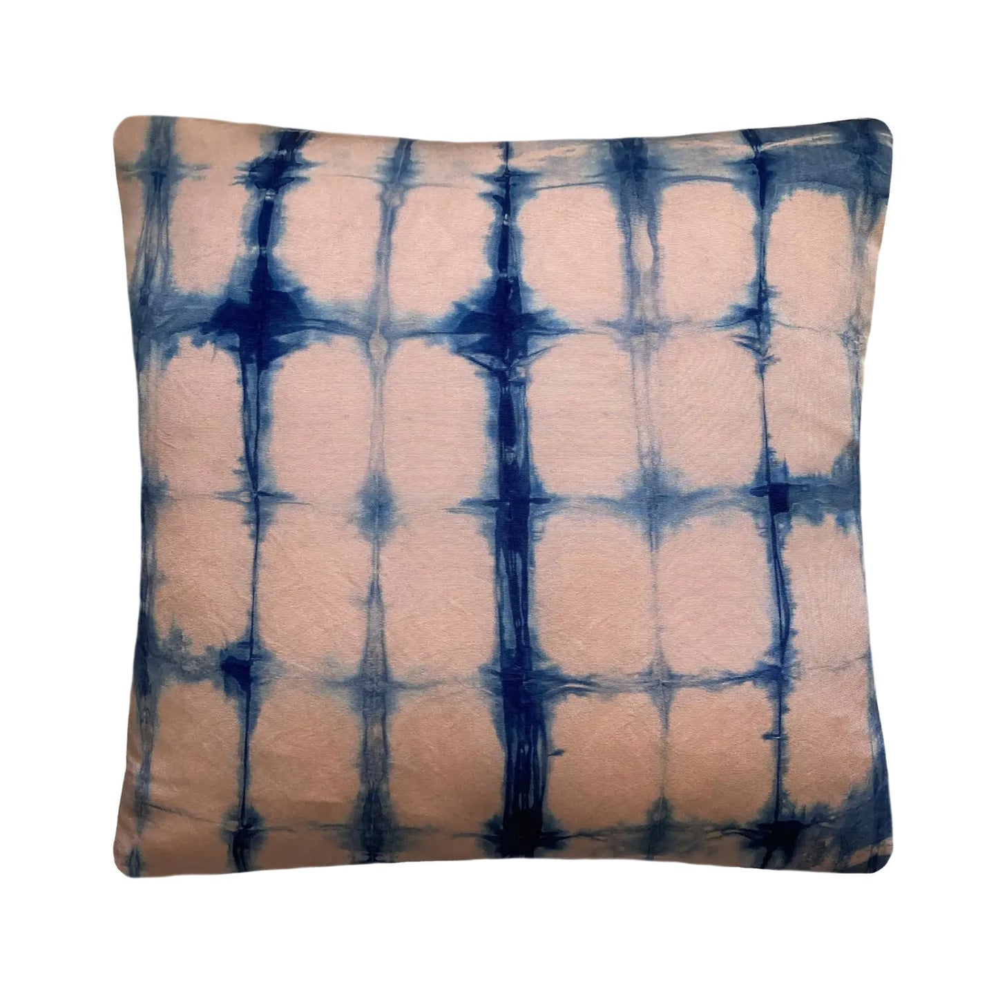 Rose pink silk pillow dyed with indigo, in abstract grid pattern.