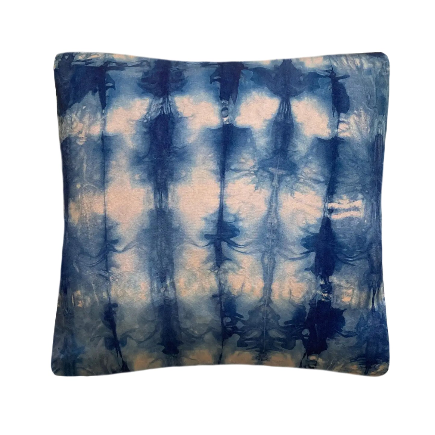 Rose pink silk pillow dyed with indigo, in abstract waves pattern.