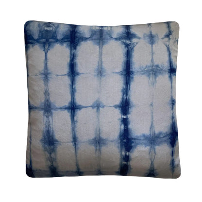 Silver gray silk pillow dyed with indigo, in abstract grid pattern.