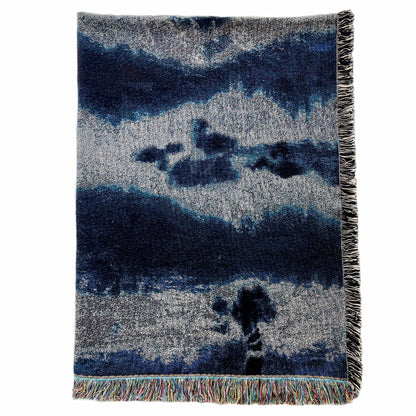 Silver gray and indigo blue woven cotton throw blanket with fringed edges, in abstract Inkblot pattern. 54 by 72 inches.