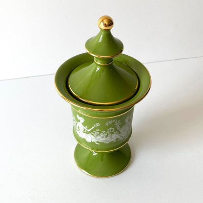 Italian Florentine Moss Green and Gold Petite Lidded Round Jar Urn, 1960s