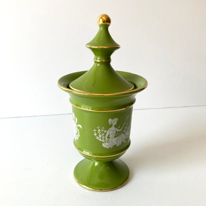 Italian Florentine Moss Green and Gold Petite Lidded Round Jar Urn, 1960s