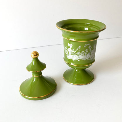 Italian Florentine Moss Green and Gold Petite Lidded Round Jar Urn, 1960s