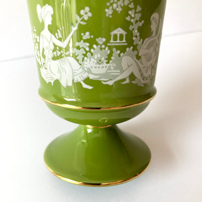 Italian Florentine Moss Green and Gold Petite Lidded Round Jar Urn, 1960s