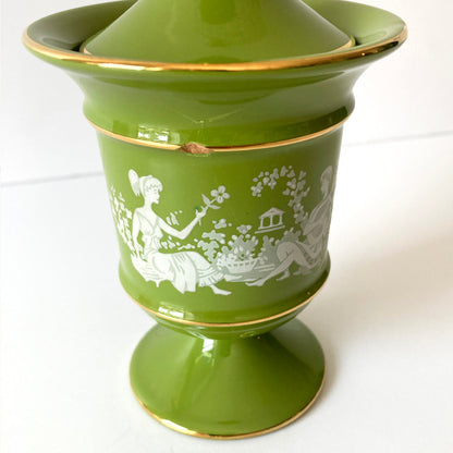 Italian Florentine Moss Green and Gold Petite Lidded Round Jar Urn, 1960s