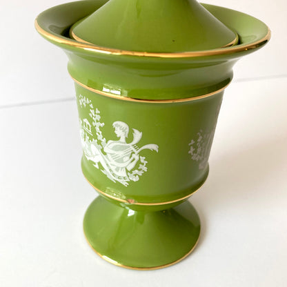 Italian Florentine Moss Green and Gold Petite Lidded Round Jar Urn, 1960s