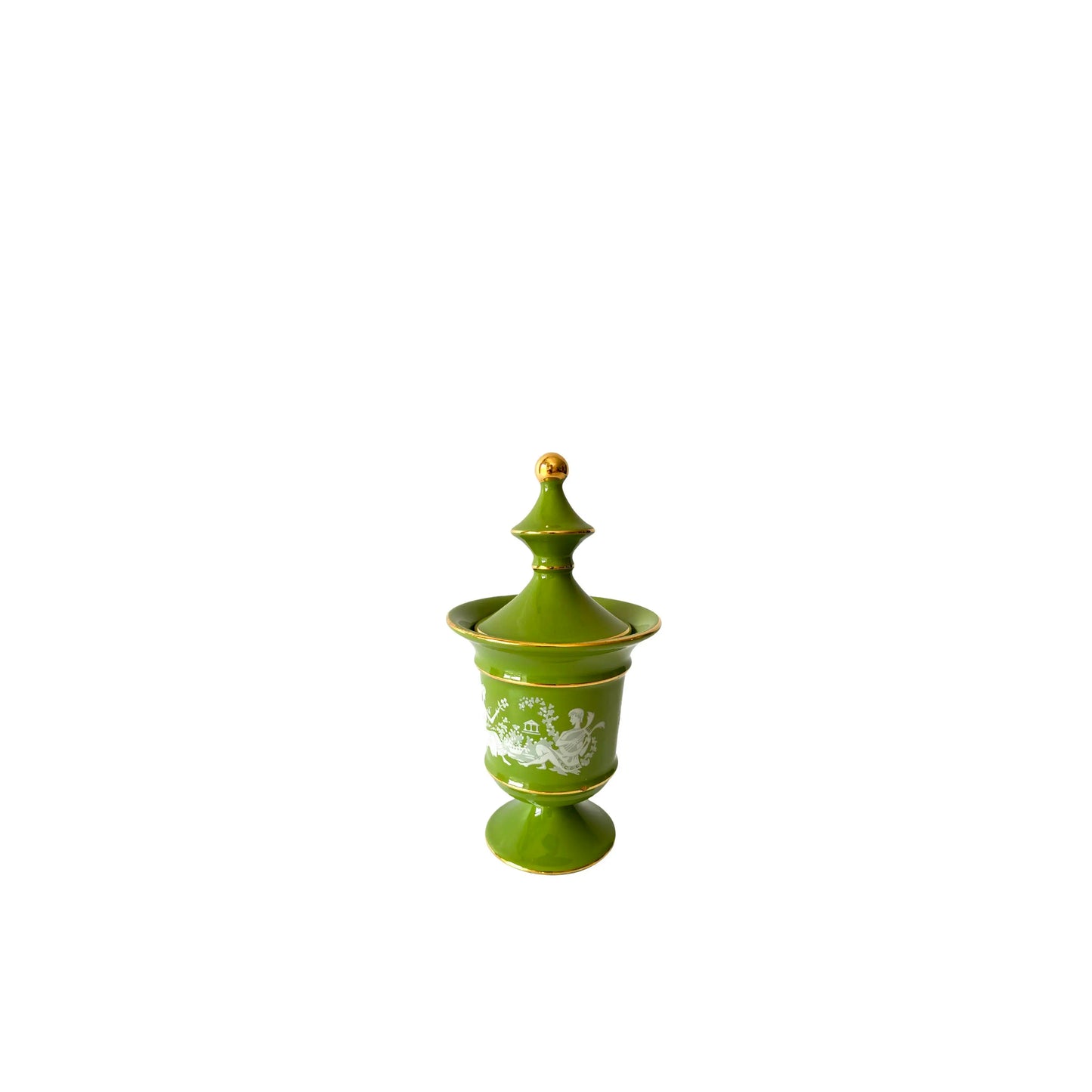 Italian Florentine Moss Green and Gold Petite Lidded Round Jar Urn, 1960s