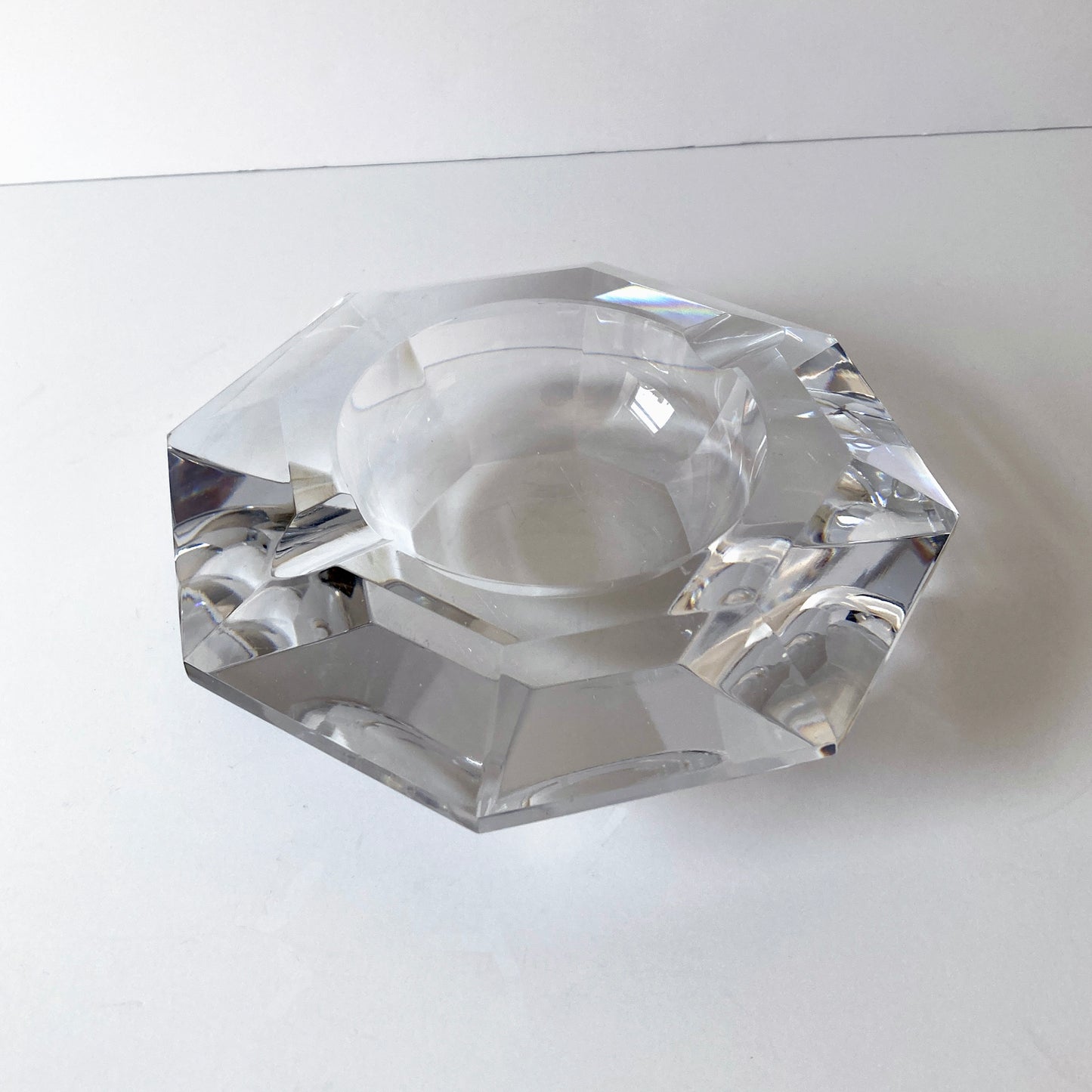 Val Saint Lambert Faceted Crystal Vide Poche Ashtray Bowl, Signed