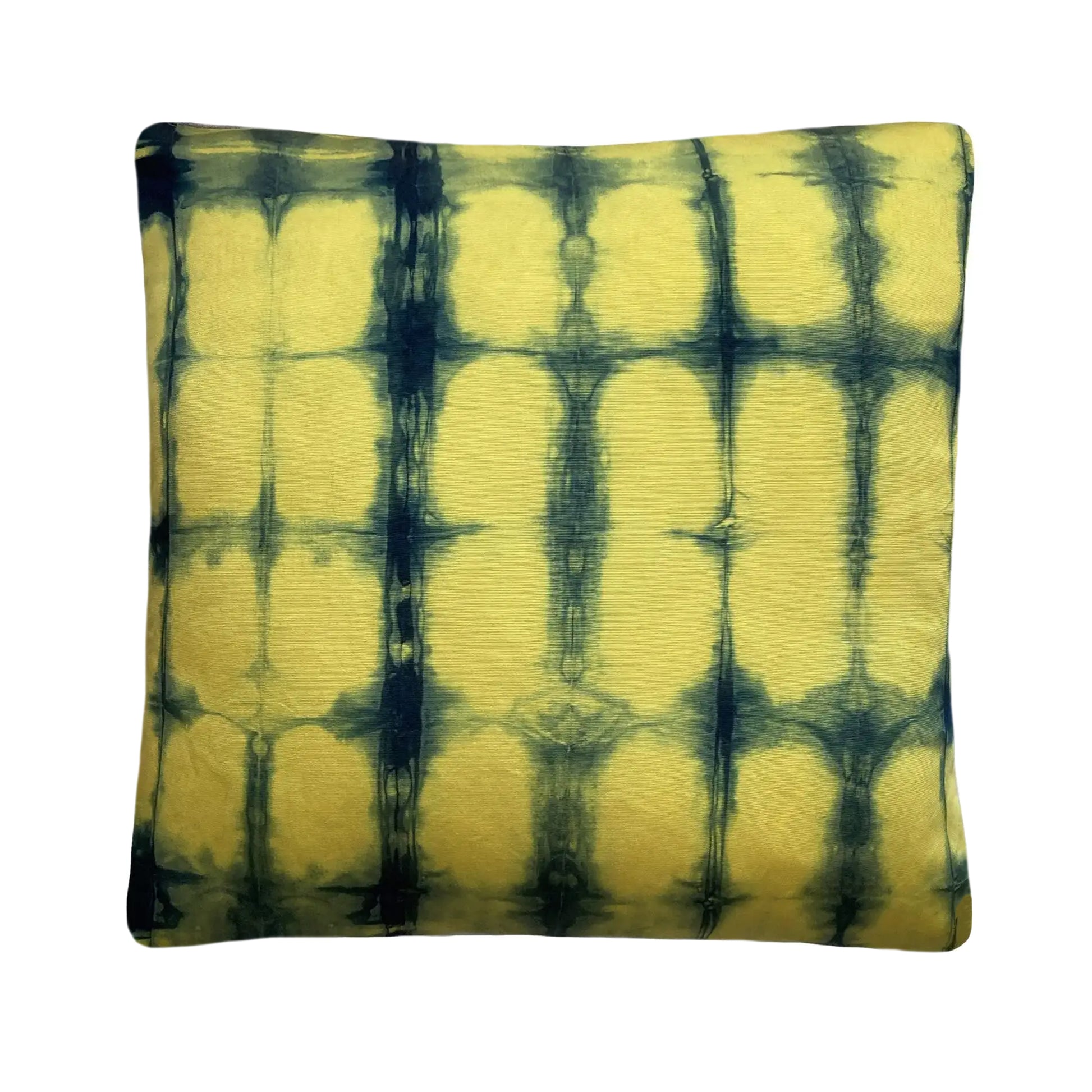 Canary yellow silk pillow dyed with indigo, in abstract grid pattern.