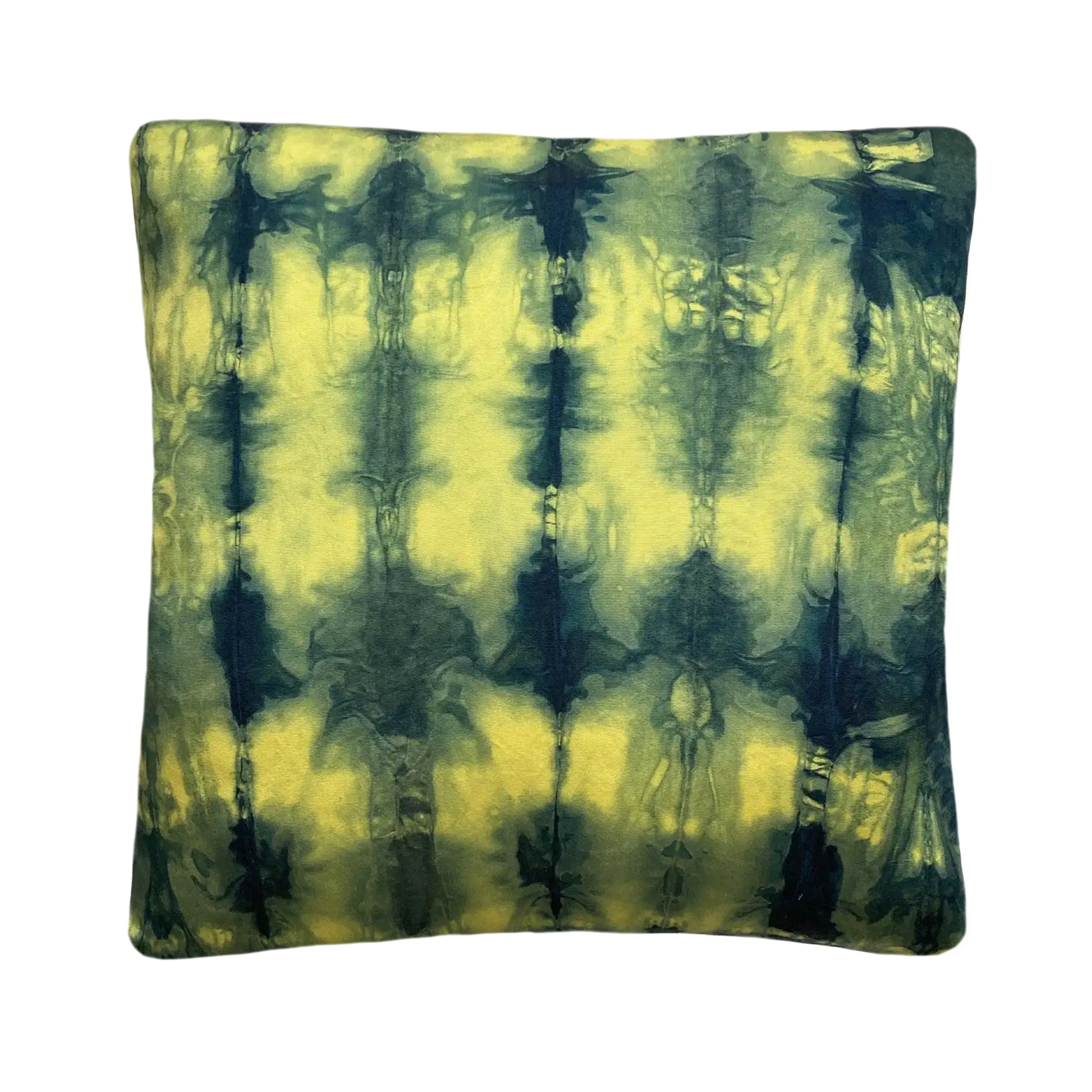 Canary yellow silk pillow dyed with indigo, in abstract waves pattern.