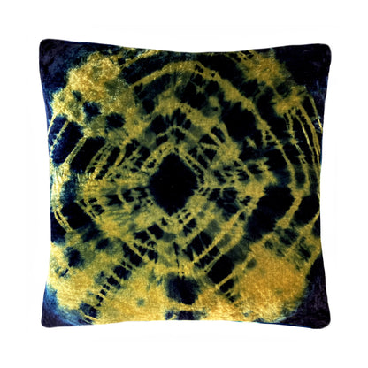 Gold yellow velvet throw pillow dyed with blue indigo in Halo pattern with gray linen backing. Sustainably hand dyed in small batches and sewn in New York City,