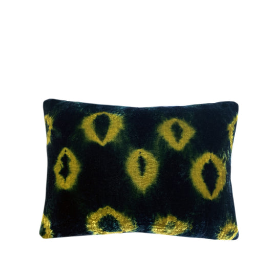 Gold yellow velvet throw pillow dyed with blue indigo in Ikat pattern with gray linen backing. Sustainably hand dyed in small batches and sewn in New York City,