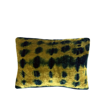 Gold yellow velvet throw pillow dyed with blue indigo in Inkblot pattern with gray linen backing. Sustainably hand dyed in small batches and sewn in New York City,