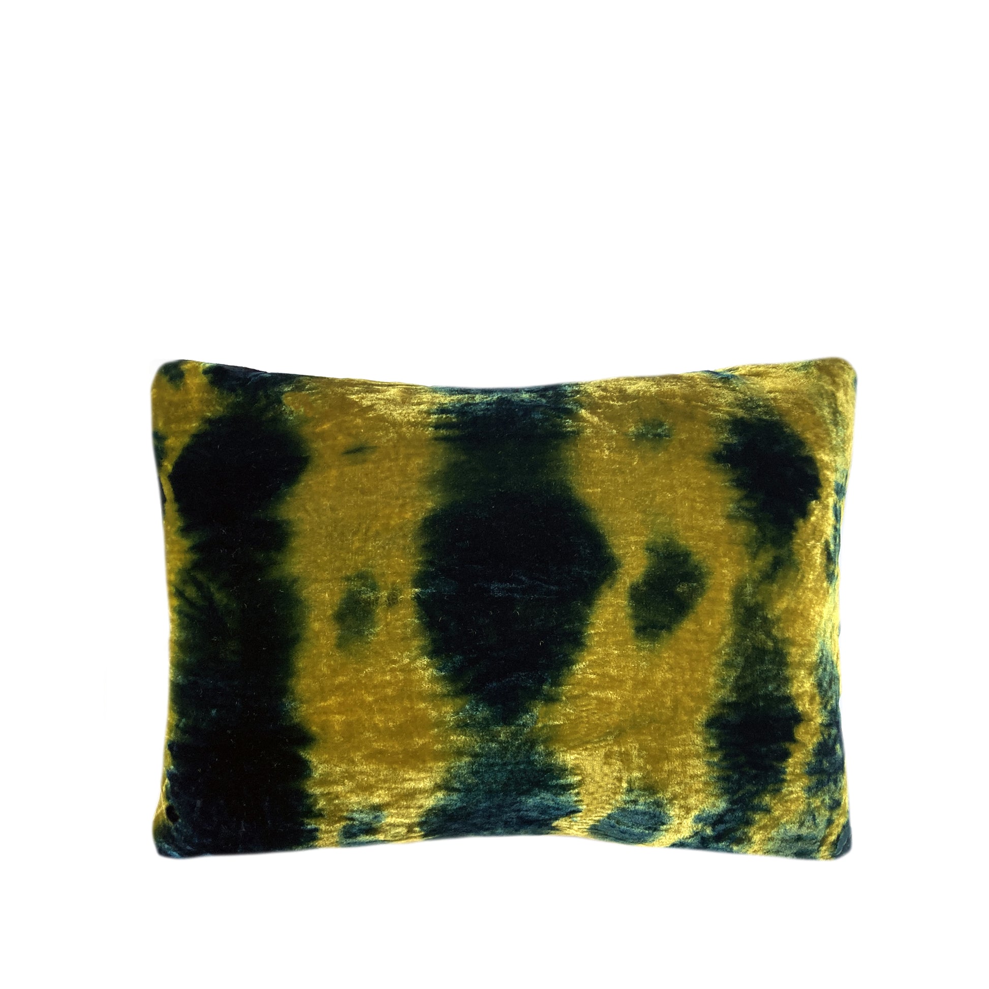 Gold yellow velvet throw pillow dyed with blue indigo in morse pattern with gray linen backing. Sustainably hand dyed in small batches and sewn in New York City,