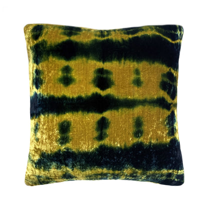 Gold yellow velvet throw pillow dyed with blue indigo in Halo pattern with gray linen backing. Sustainably hand dyed in small batches and sewn in New York City.