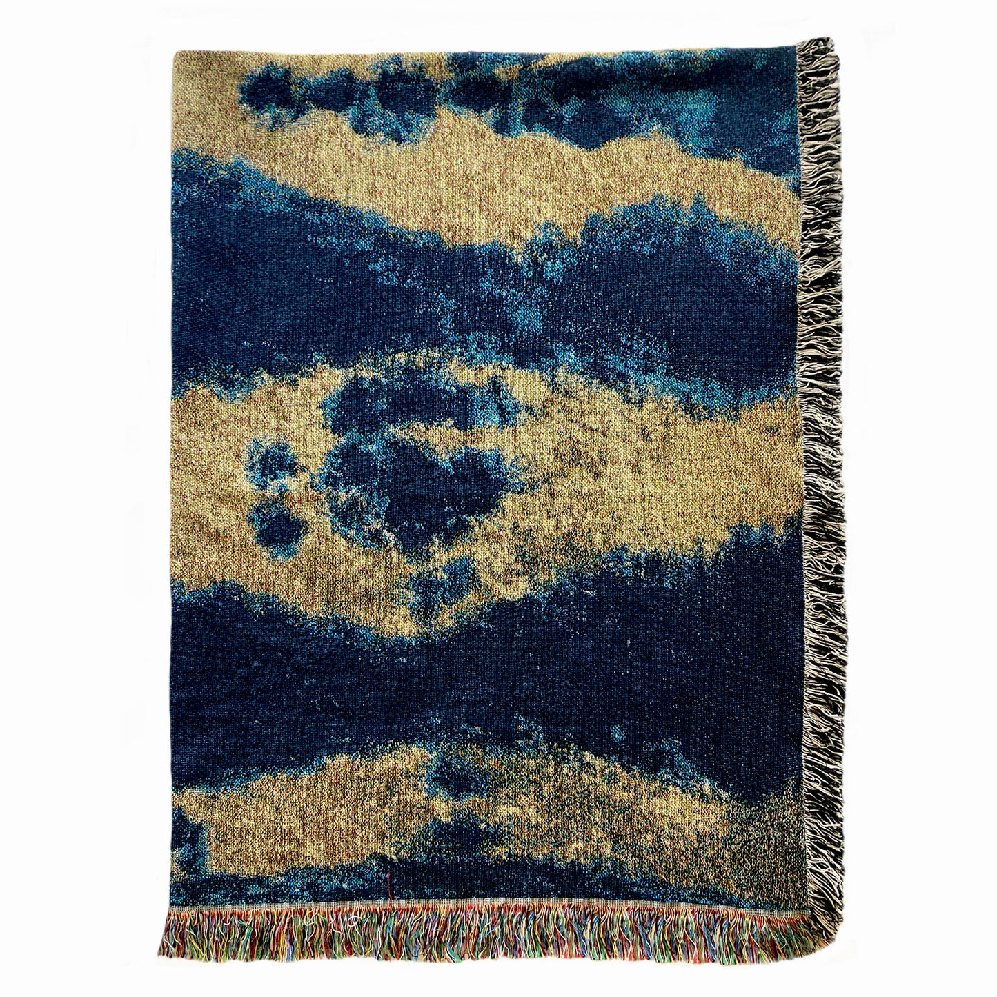 Gold yellow and indigo blue woven cotton throw blanket with fringed edges. 54 by 72 inches.