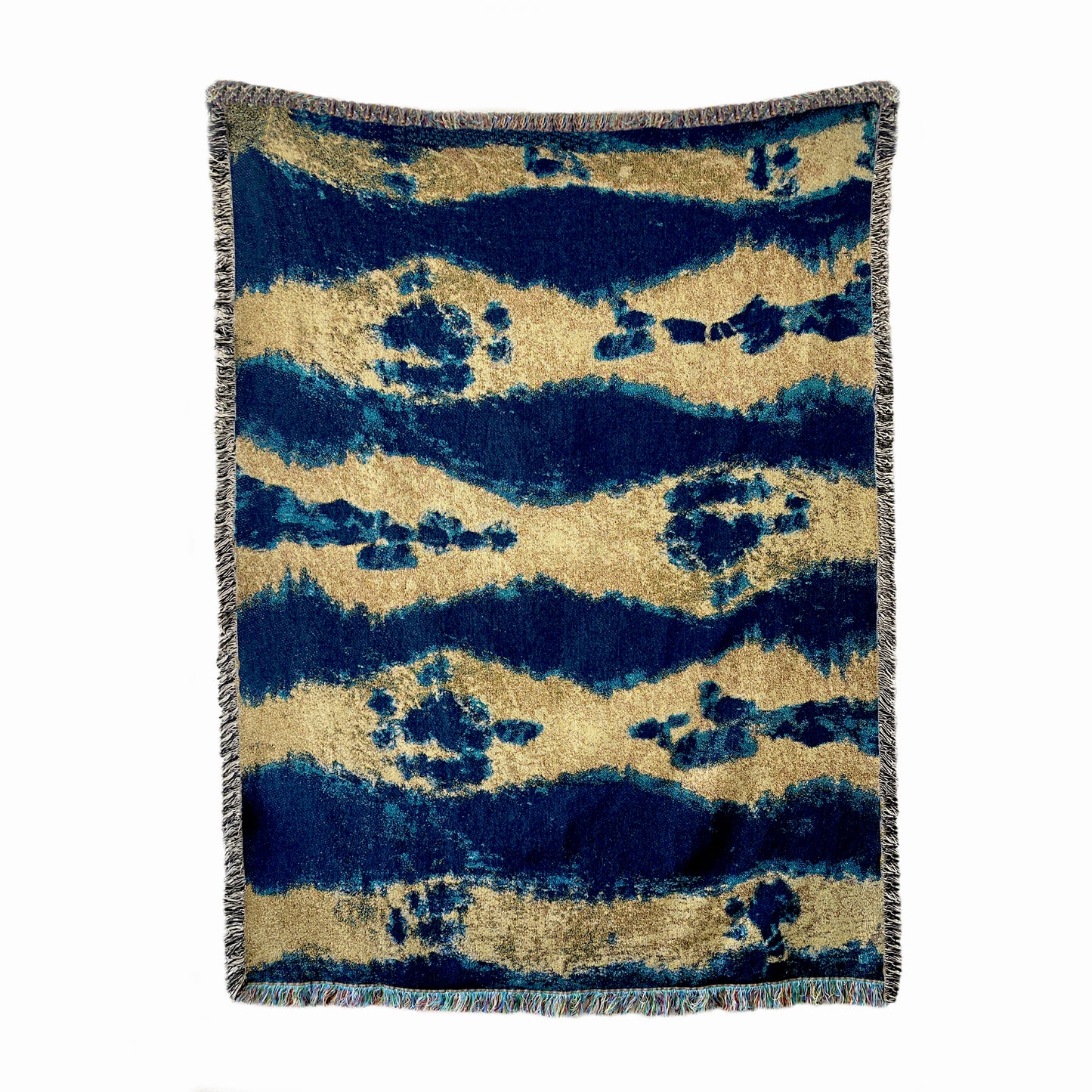 Gold yellow and indigo blue woven cotton throw blanket with fringed edges. 54 by 72 inches.