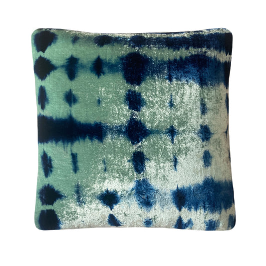 Jade green velvet throw pillow dyed with blue indigo in Pleat pattern with gray linen backing. Sustainably hand dyed in small batches and sewn in New York City,