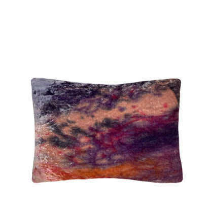 Blush pink velvet throw pillow dyed with Pink, Orange and Purple in an abstract pattern with gray linen backing. Hand-painted and sewn in New York City