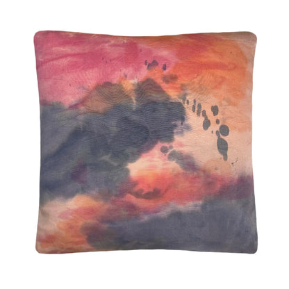 Blush pink silk throw pillow dyed with Pink, Orange and Gray in an abstract pattern with gray linen backing. Hand-painted and sewn in New York City