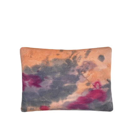 Blush pink silk throw pillow dyed with Pink, Orange and Gray in an abstract pattern with gray linen backing. Hand-painted and sewn in New York City.