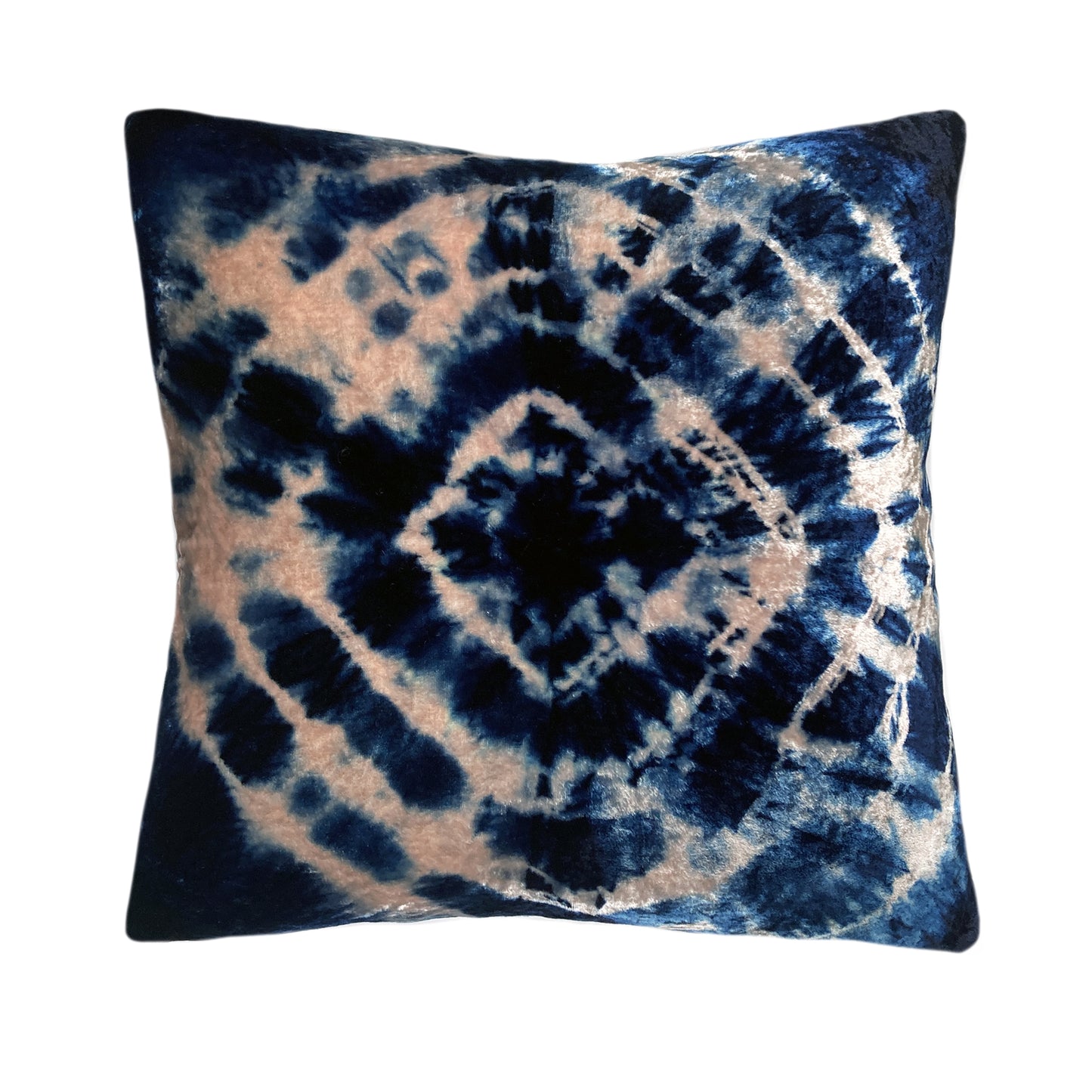 Rose pink velvet throw pillow dyed with blue indigo in Halo pattern with gray linen backing. Sustainably hand dyed in small batches and sewn in New York City,