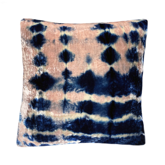 Rose pink velvet throw pillow dyed with blue indigo in Ombre pattern with gray linen backing. Sustainably hand dyed in small batches and sewn in New York City,