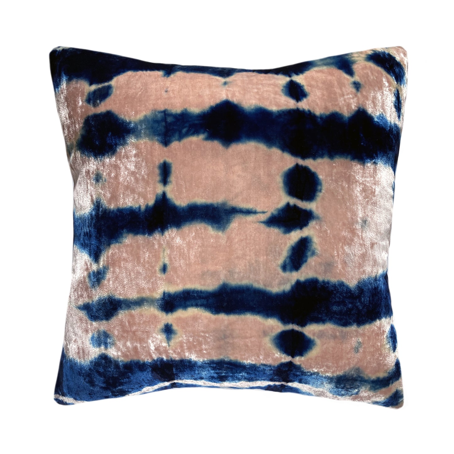 Rose pink velvet throw pillow dyed with blue indigo in Pleat pattern with gray linen backing. Sustainably hand dyed in small batches and sewn in New York City,