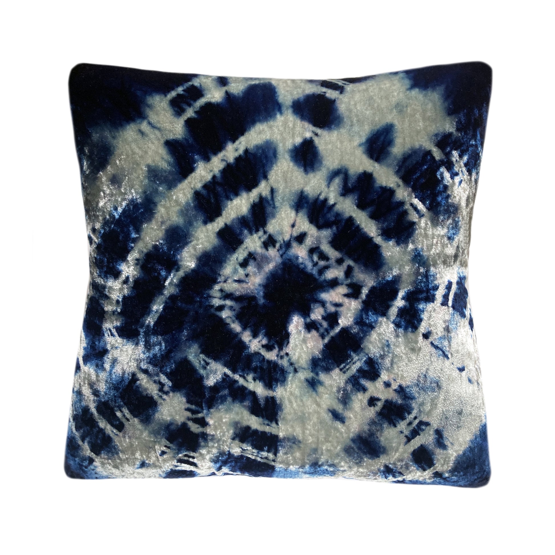 Silver gray velvet throw pillow dyed with blue indigo in Halo pattern with gray linen backing. Sustainably hand dyed in small batches and sewn in New York City,