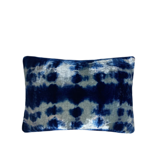 Silver gray velvet throw pillow dyed with blue indigo in Inkblot pattern with gray linen backing. Sustainably hand dyed in small batches and sewn in New York City,