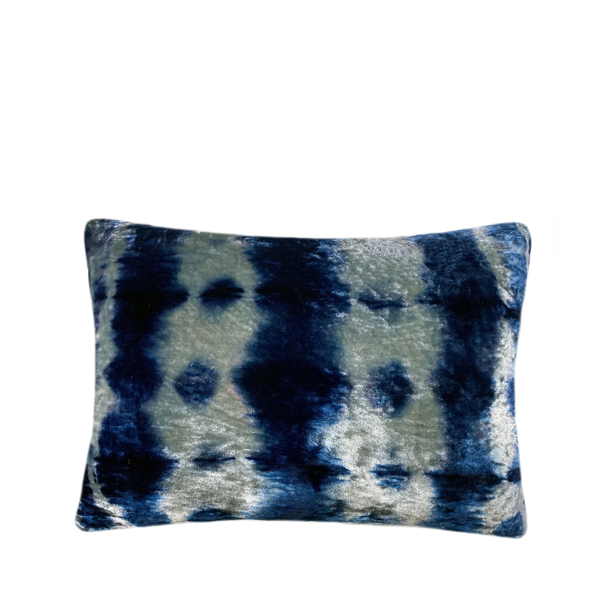 Silver gray velvet throw pillow dyed with blue indigo in Morse pattern with gray linen backing. Sustainably hand dyed in small batches and sewn in New York City,