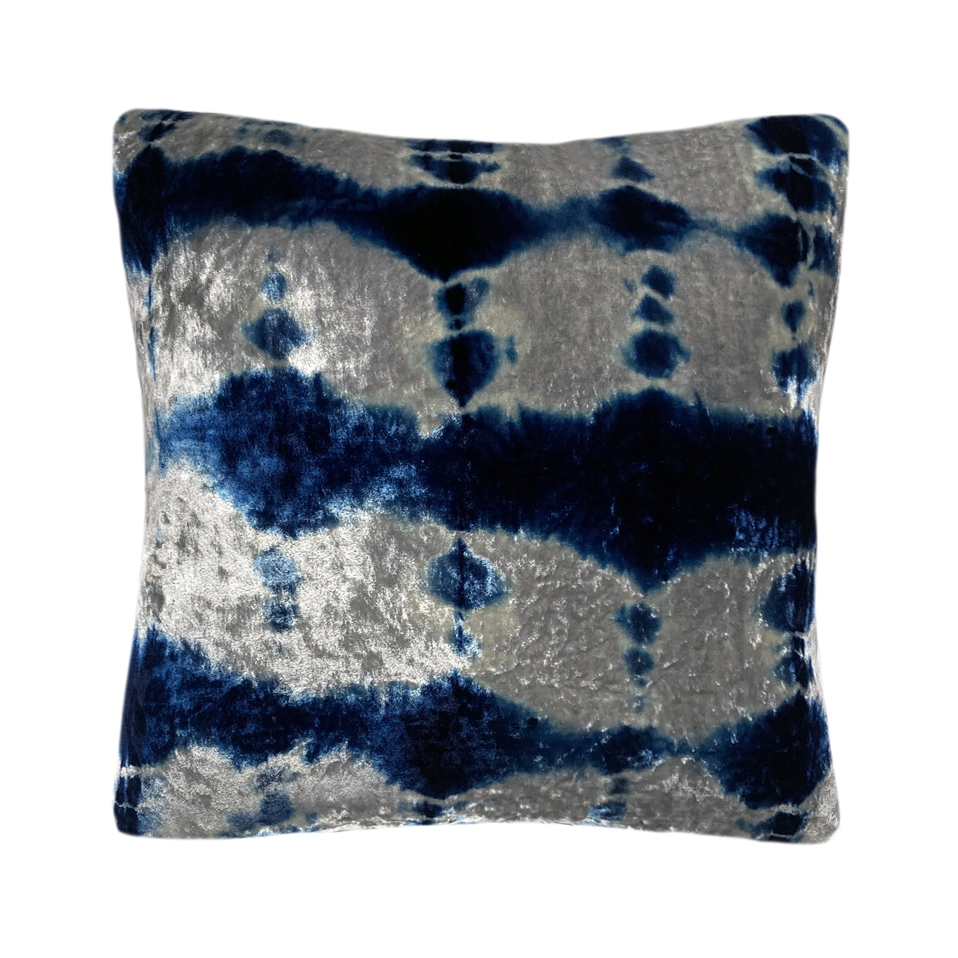 Silver gray velvet throw pillow dyed with blue indigo in Pleat pattern with gray linen backing. Sustainably hand dyed in small batches and sewn in New York City,