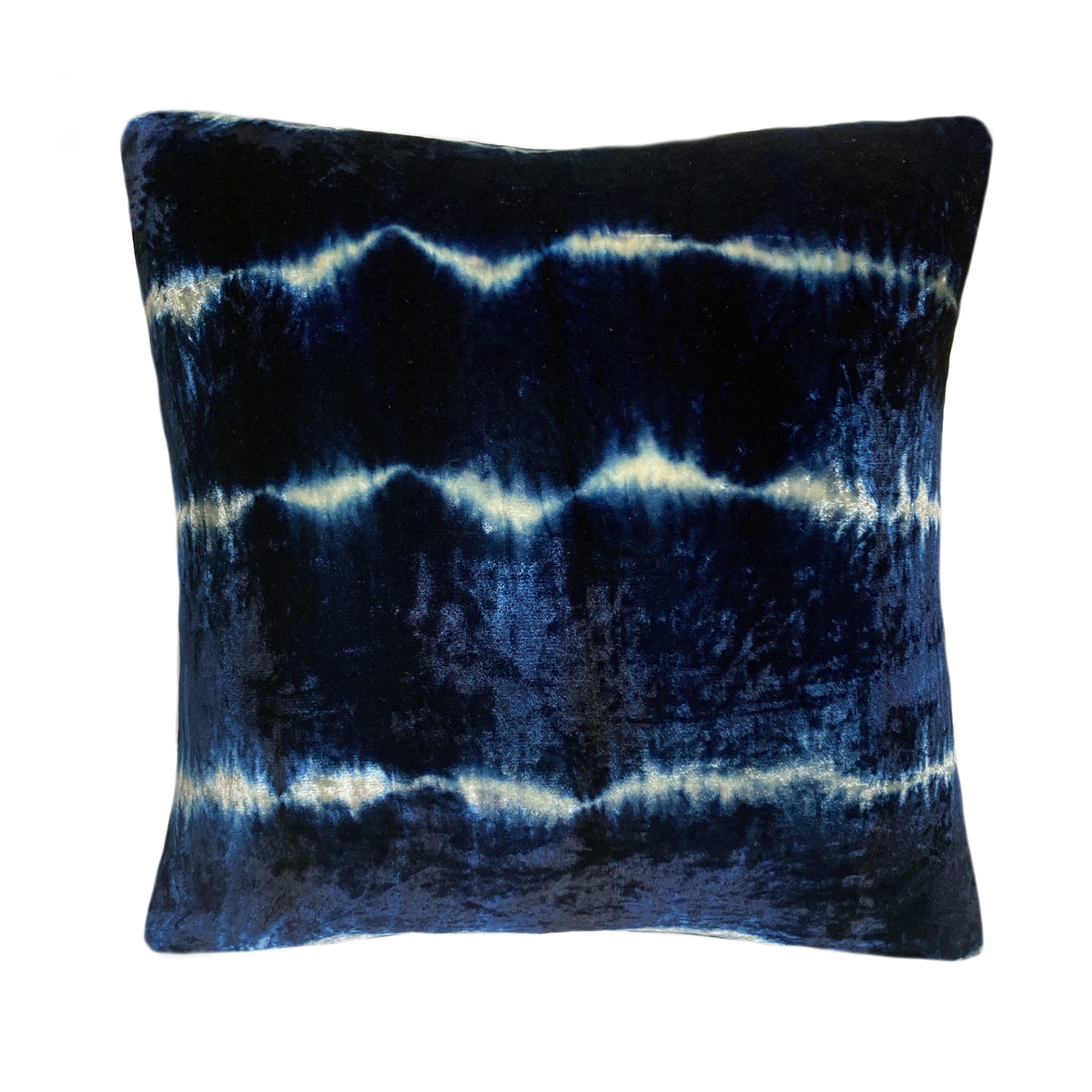 Silver gray velvet throw pillow dyed with blue indigo in Stripe pattern with gray linen backing. Sustainably hand dyed in small batches and sewn in New York City,