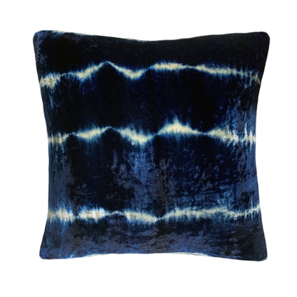 Silver gray velvet throw pillow dyed with blue indigo in Stripe pattern with gray linen backing. Sustainably hand dyed in small batches and sewn in New York City,