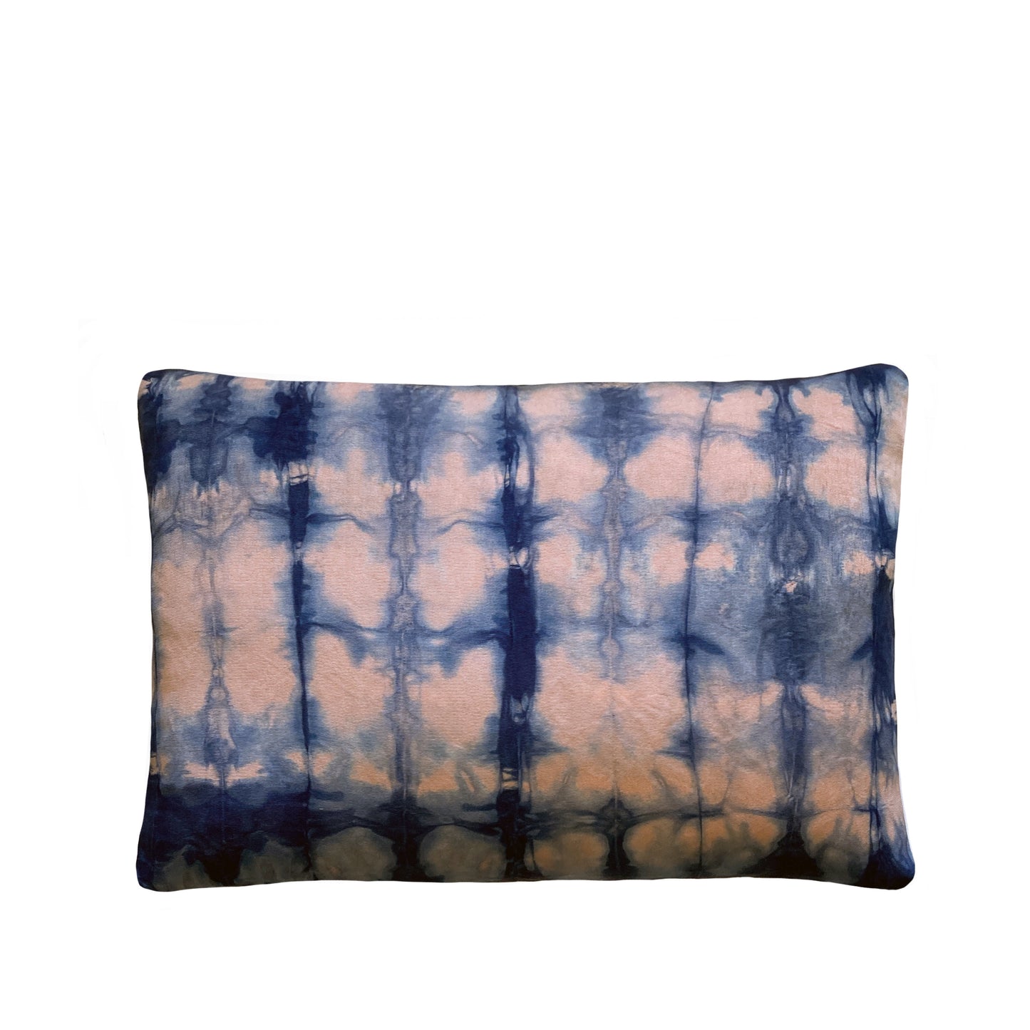 Rose pink silk pillow dyed with indigo, in abstract ripple pattern.